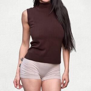 Vintage Harve Benard Petite Sleeveless Mock Neck Knit Sweater Vest in Brown